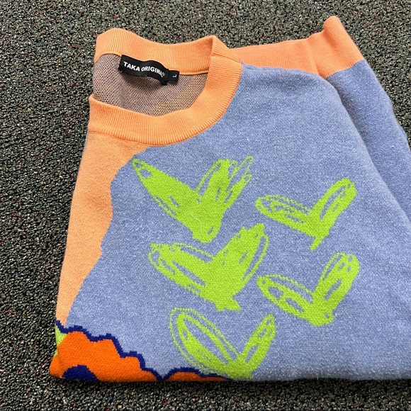 TAKA ORIGINAL Orange & Purple Neon Green Unisex Knit Jumper Sweater Casual Sz L - Picture 9 of 15